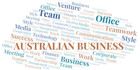 Australian Business word cloud. Collage made with text only.