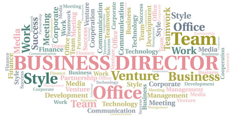 Business Director word cloud. Collage made with text only.