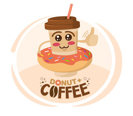 Funny vector illustration of cartoon character coffee cup wore a donut. Coffee shop concept.