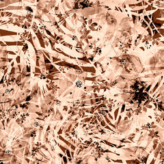 Creative seamless watercolor pattern of plants, Herbs, flowers, poppy, rose, peony. Tropical leaves, palms, bamboo, branch, flowers watercolor, stylish pattern. Abstract paint splash. Art background