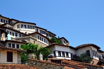 Close up at the old stone houses at district of Mangalem in Berat, Albania. The albanian ancient city of Berat, designated a UNESCO World Heritage Site in 2008.