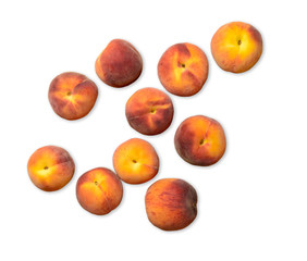Fresh ripe peaches fruits. Isolated on white background. Top view.