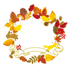 秋のフレーム　紅葉と森の動物