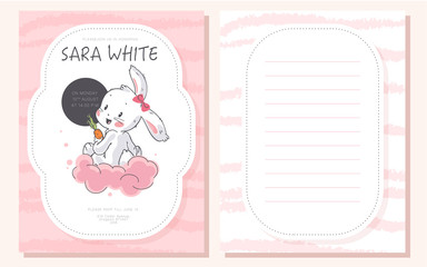 Vector baby shower design template. Cute hand drawn little bunny character. Flat lay. Pastel colors. For happy birthday and anniversary party invitations, greeting cards, tags etc.