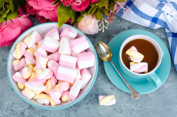 Obraz na płótnie Canvas Hot chocolate in blue cup with marshmallows