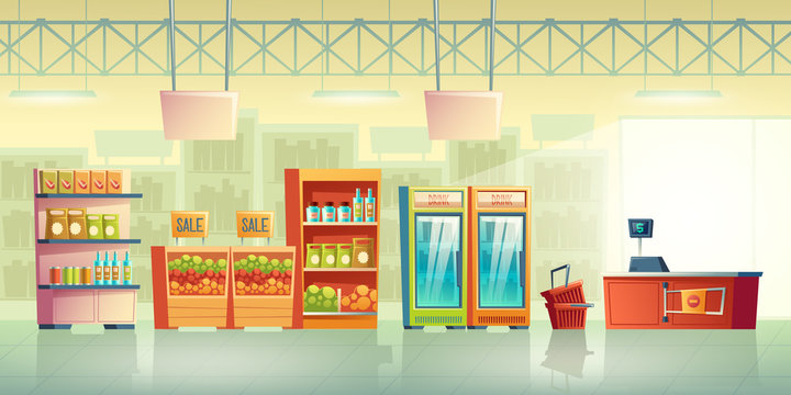Grocery store trading room interior cartoon vector with shopping baskets  near cash counter desk, fridges with drinks, food products on racks shelves  illustration. Supermarket sale background template Stock Vector | Adobe  Stock