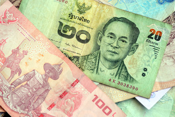 Thai baht various banknotes closeup. Money background