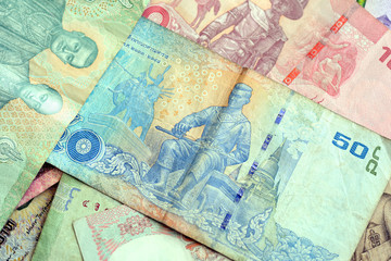 Thai baht various banknotes closeup. Money background