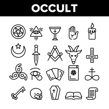 Occult, Demonic Entity Imagery Vector Linear Icons Set. Satanic Rituals, Demonic Beliefs, Superstitions. Deal With Devil, Magic, Mystic, Esoteric Lineart. Occult And Thin Line Illustration