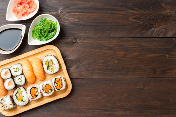 Overhead shot of Japanese sushi. Food background