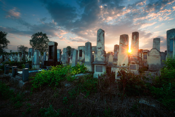 Old Jewish cemetery in the evening. Chernivtsi, Ukraine