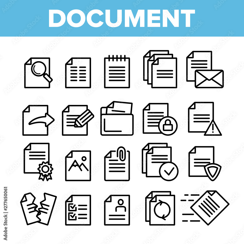 Poster digital, computer documents, file vector linear icons set. sending work files. deleting documentatio