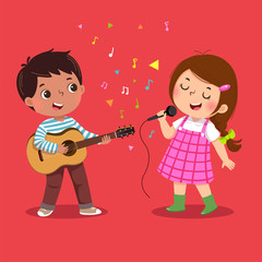 Cute boy playing guitar and little girl singing on red background