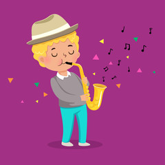 Cute boy playing saxophone on purple background