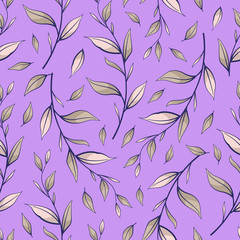 Vector seamless pattern with branches and leaves on purple background. Design for fabrics, wallpapers, textiles, web design.