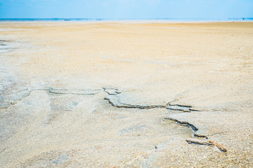 Sandy coastline of the salty lake Baskunchak. Lifeless hot terrain without vegetation and animals.