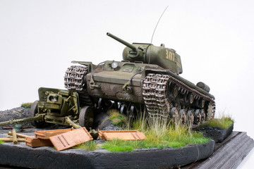 Fototapeta na wymiar Soviet medium tank KV-1C, destroys enemy guns on the battlefield. Kursk battle. in the summer of 1943, the Kursk-Orel operation of the USSR