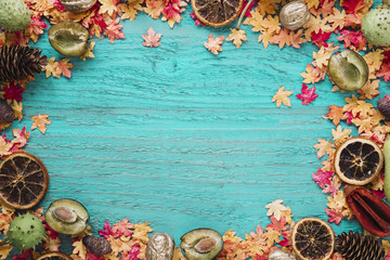 Frame autumn background with leaves and organic food