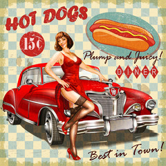 Hot dog vintage poster with pin-up girl and retro car.