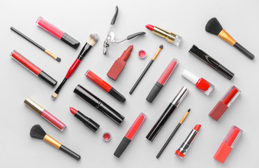 Set of decorative cosmetics on light background