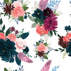 Fotobehang Seamless pattern with pink red burgundy marsala Navy Blue flowers and leaves floral  feathers pattern for wallpaper or fabric or card © HoyaBouquet