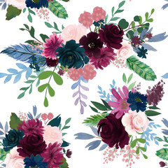 Seamless pattern with pink red burgundy marsala Navy Blue flowers and leaves floral  feathers pattern for wallpaper or fabric or card