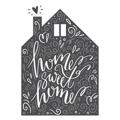 Lettering phrase in the silhouette of the house: home sweet home. greeting card in scandinavian style