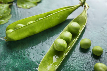 Tasty fresh peas on color background, closeup