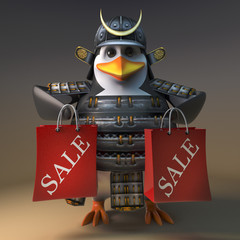 Bargain hunter Japanese samurai warrior penguin has been to the sales shopping, 3d illustration