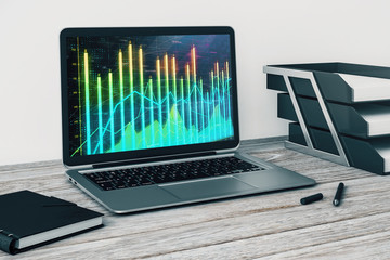 Laptop closeup with forex graph on computer screen. Financial trading and education concept. 3d rendering.