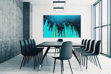 Conference room interior with financial chart on screen monitor on the wall. Stock market analysis concept. 3d rendering.