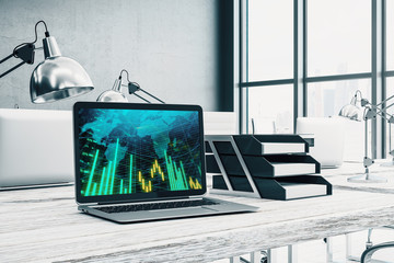 Cabinet desktop interior with financial charts and world map on computer screen. Concept of international market analysis and trading. 3d rendering.