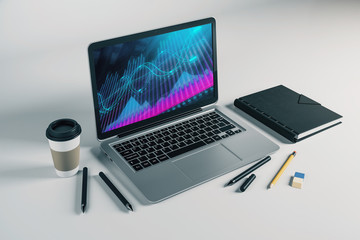 Laptop closeup with forex graph on computer screen. Financial trading and education concept. 3d rendering.