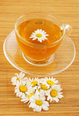 Camomile tea on bamboo background