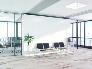 Blank white wall in concrete waiting room with large windows Mockup 3D rendering