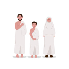 Set of Muslim Family Wearing Ihram, Hajj Dress Cartoon Illustration