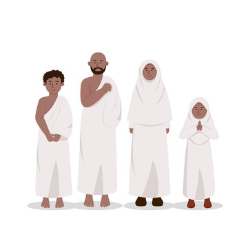 Set of African Muslim Ethnics Wearing Ihram, Hajj Dress Cartoon Illustration