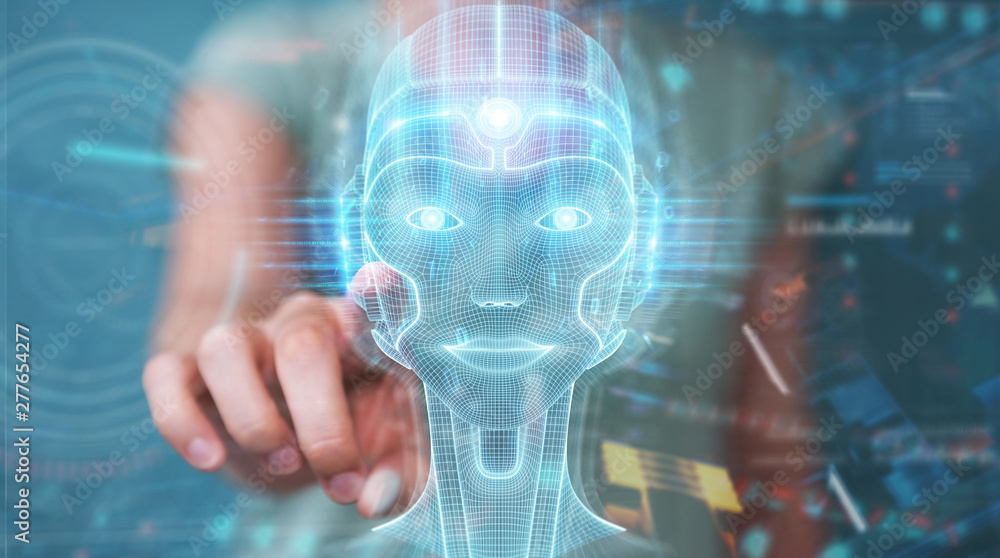 Poster woman using digital artificial intelligence head interface 3d rendering