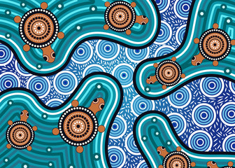 Aboriginal dot art vector painting with turtle.