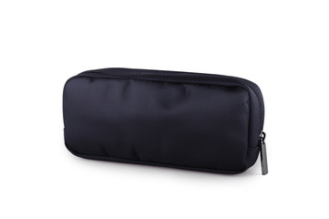 Black fabric cosmetic bag. Business Class amenity kit isolated on background
