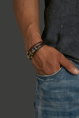 Cropped from top and bottom view shot of a man with a bracelet on his arm. The fashion model on the...