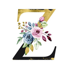 Floral gold alphabet, letter z with watercolor flowers and leaves. Monogram initials perfectly for wedding invitation, birthday, greeting card and other design. Holiday design hand painting. 