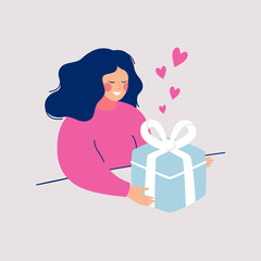 Cartoon young woman received present with love. Girl opens big gift surprise. Vector character illustration