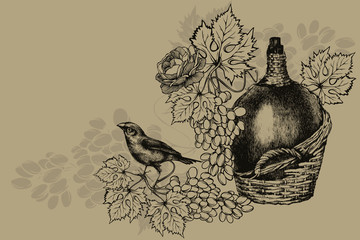Vintage bottle of wine, ripe grapes and sitting bird. Vintage background, vector illustration. - 277654641