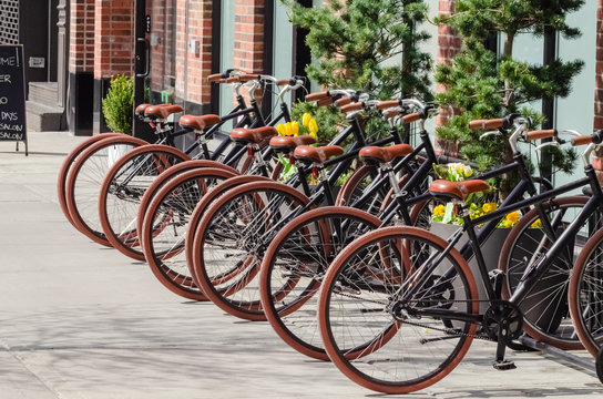 Aligned Row Of Typical Bikes On The Street In Soho Manhattan New York