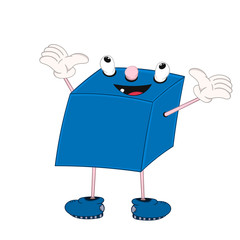 Funny cartoon blue cube with eyes, arms and legs, demonstrates the emotion of joy and raises his hands up.