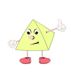 A funny cartoon pyramid with eyes, arms and legs in shoes smiles and shows an approving sign with a finger.