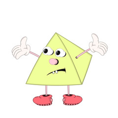 Funny cartoon pyramid with eyes, arms and legs in the shoes distractedly throws up his hands.