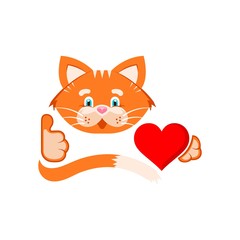 Vector graphic illustration. Orange cat holding heart in paws. Cat likes the heart. Cartoon character, concept for printing products for pets, a sign, a donation for pets, an advertising logo.