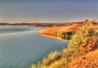 Sunset Panoramic view to Yoa lake group of Ounianga kebir lakes at the Ennedi, Chad